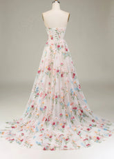 Andrea | A - Line Long Ivory Prom Dress With Sweetheart Tulle Embroidery Sweep Train - White Floral - PromDressClub